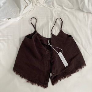 Brown linen button up relaxed fit tank top